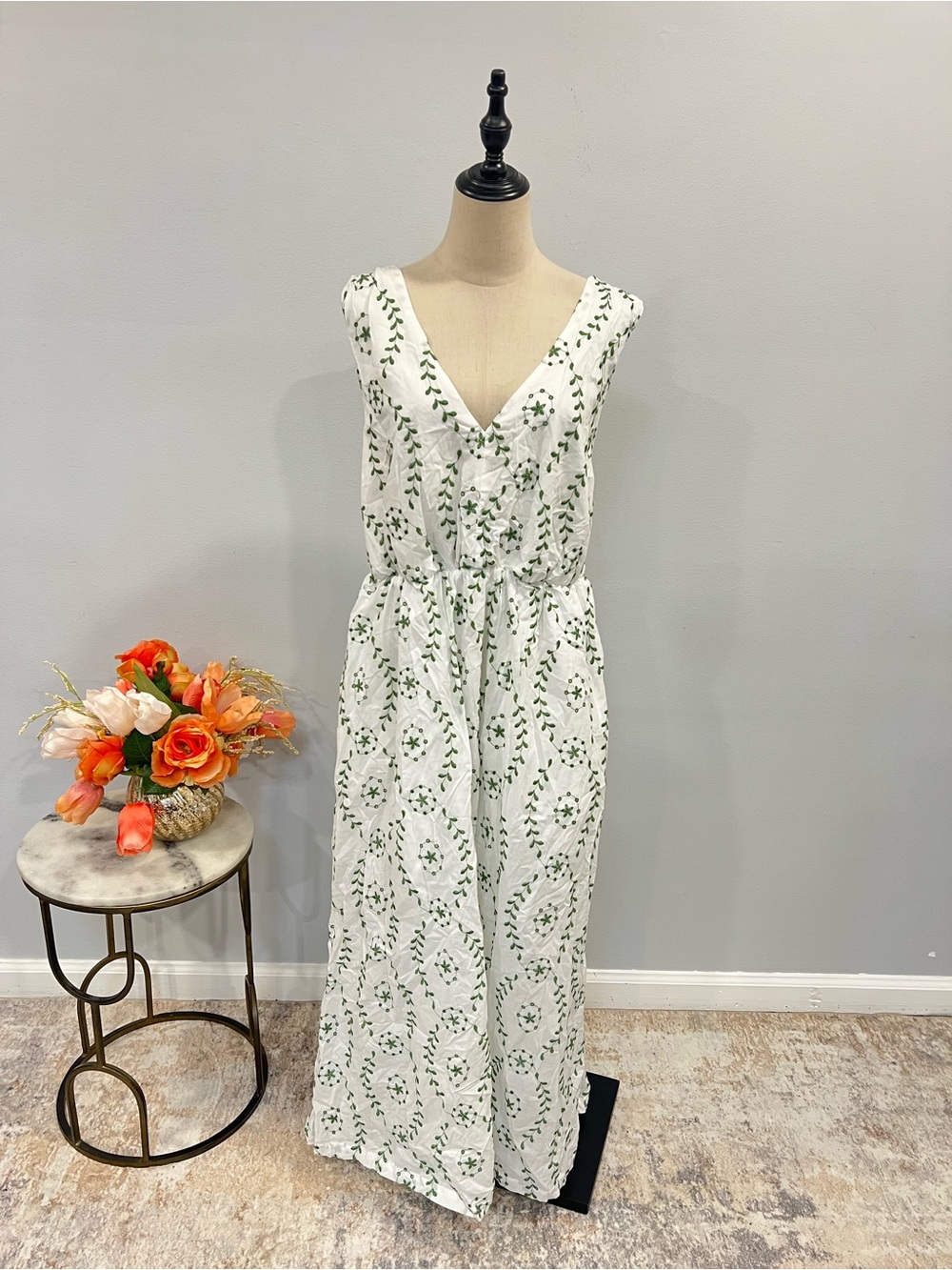 A New Day By Target White & Green Embroidered Crossover Open Back Maxi Dress